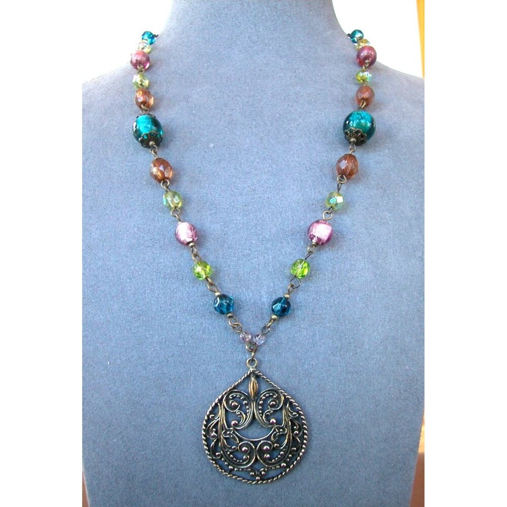 Vintage Bohemian Beaded Necklace With Filigree Pendant